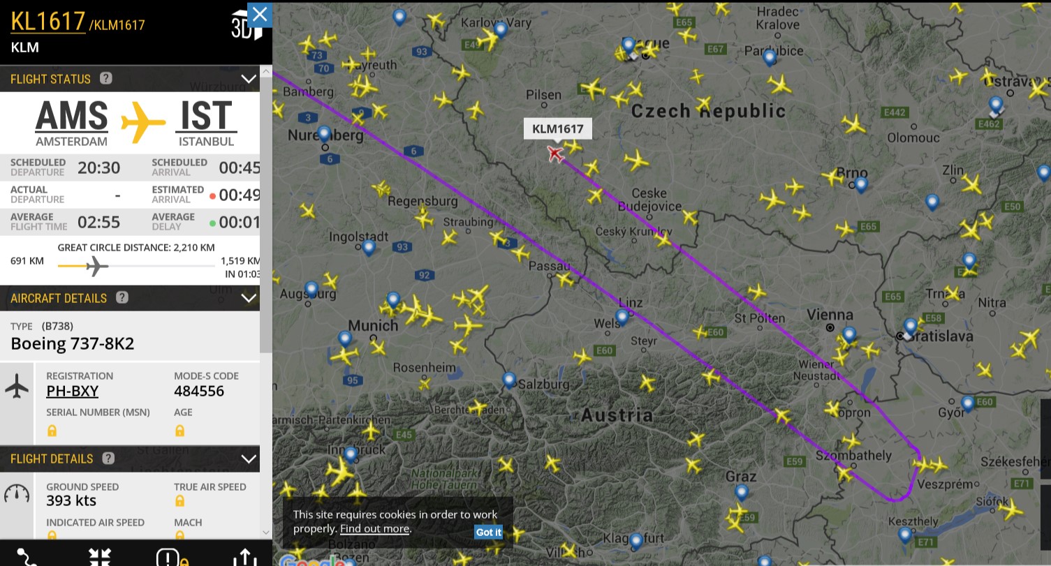 Screenshot van Flightradar24.